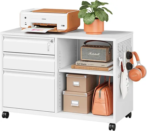 Vista 33 de Archivador de metal con 2 cajones con cerradura, gabinete archivador con soporte para impresora móvil y estantes para archivos de tamaño Negro
