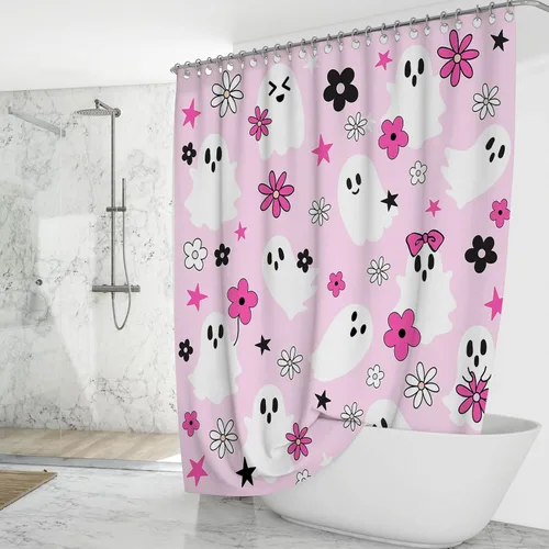 Vista 2 de Mocsicka Cortina de ducha rosa de Halloween, bonita decoración de baño de fantasma, cortina de ducha de fantasma floral genial, cortina de baño