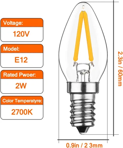 Vista 2 de Bombilla de luz nocturna C7 de filamento LED de 2 W, 2700 K, blanco cálido, 200 lm, lámpara base de candelabro E12 C7 con forma de mini torpedo