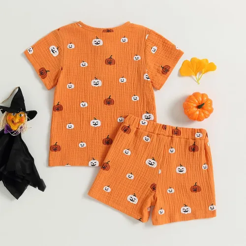 Vista 3 de Traje de Halloween para niño y niña, camisa de manga corta de calabaza, pantalones cortos, ropa de Halloween para niños y niñas