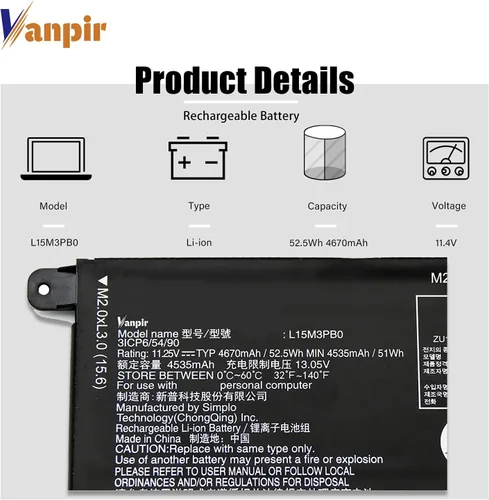 Vista 3 de L15M3PB0 - Batería para portátil de 11,25 V, 52,5 Wh, 4670 mAh, repuesto para Lenovo IdeaPad 330S-14AST 330S-14IKB 330S-15ARR 330S-15AST 330S-15IKB