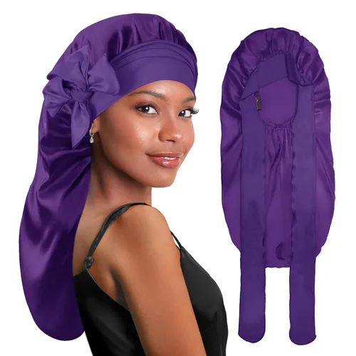 Vista 9 de BONNET QUEEN Gorro de Trenza de Seda Gorro Plegable Extra Largo para Trenzas con Banda de Atar, Capó de Satén Largo para Dormir, Verde Oscuro