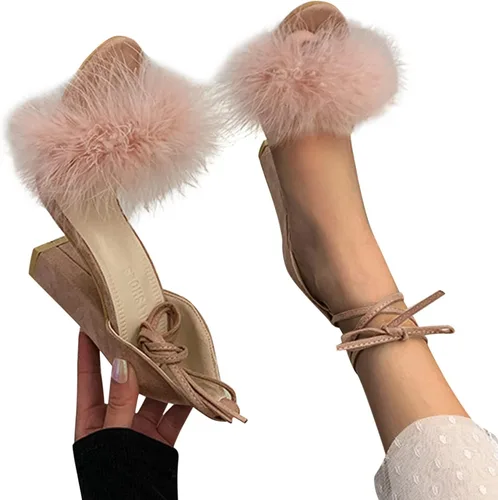 Vista 2 de ZiSUGP Sandalias de tacón alto con pompones y tacón ancho para mujer