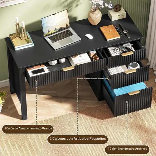 Vista 3 de Vabches Escritorio ejecutivo acanalado con cajones, escritorio de madera para computadora con amplio cajón de archivos, escritorio de oficina
