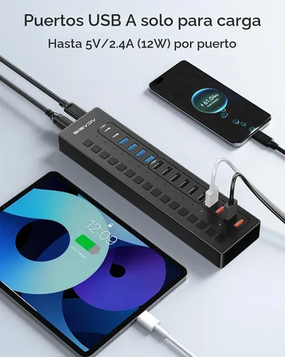 Vista 5 de Concentrador USB 3.0 alimentado, concentrador USB ACASIS de 16 puertos (incluye 2 puertos de carga inteligente USB C 3.0+4) con adaptador