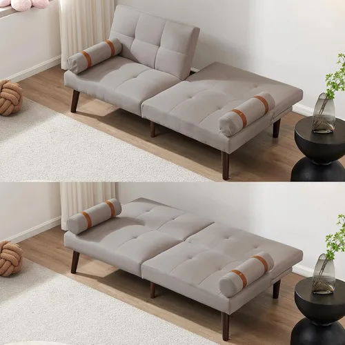 Vista 8 de HMFULE Sofá cama convertible con patas de madera maciza, tela de lino, moderno sofá futón tapizado ajustable para espacio de vida compacto, azul