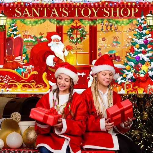 Vista 6 de Avezano Telón de fondo de Navidad, pancarta roja de la tienda de juguetes de Santa para fotografía, fondo de tienda de Navidad, decoración