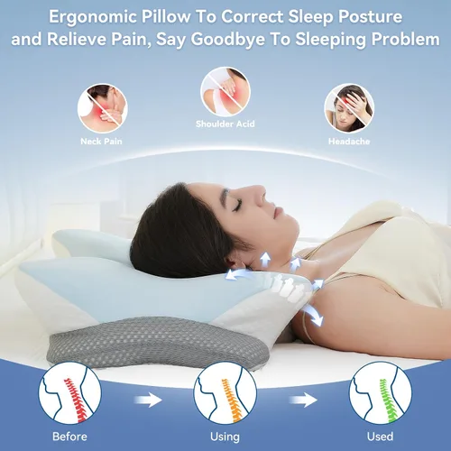 Vista 3 de Almohada Cervical Ergonómica para Soporte del Cuello, Almohadas Ortopédicas de Contorno de Espuma Viscoelástica para Dormir de Lado con Doble