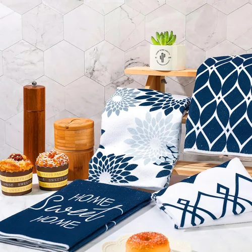 Vista 3 de Kajaia 4 paños de cocina azules florales paños de cocina geométricos, toallas de mano decorativas bohemias, paños de mano absorbentes a cuadros