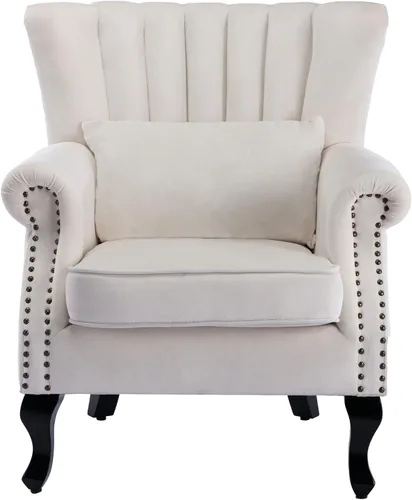 Vista 8 de Juego de 2 sillas decorativas modernas de mediados de siglo, sillón de tela de lino con respaldo acolchado/patas de madera, sillón de descanso
