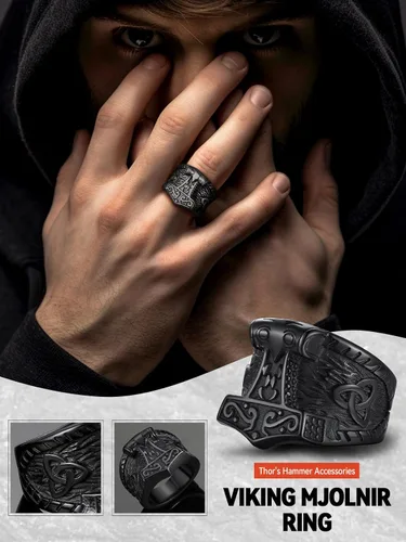 Vista 2 de FaithHeart Norse Viking Jewelry - Anillo de acero inoxidable de guerrero para hombre con diseño vikingo de cabeza de lobomartillo de Thor