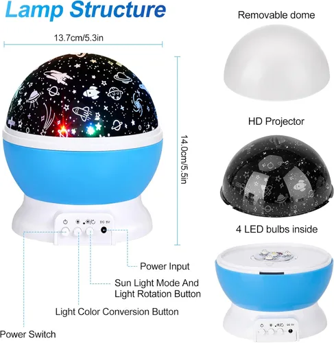 Vista 4 de Luces nocturnas de Navidad para bebé con control remoto, proyector de luna de rotación de 360 grados, 4 bombillas LED, 8 luces que cambian