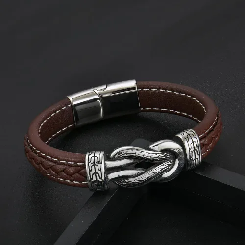 Vista 2 de Pulsera de cuero con nudo infinito para hombre, acero inoxidable, negromarrón, cuero genuino, trenzada, pulsera de joyería para hombres, padre
