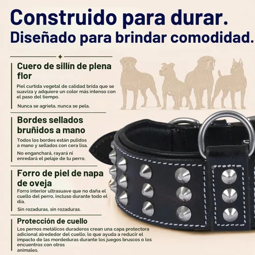 Vista 3 de Collar de perro con tachuelas de cuero genuino Remache de brasero Collar de perro de 2 pulgadas de ancho Grado de sillín, resistente Negro
