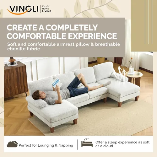 Vista 8 de VINGLI Sofá seccional en forma de U de 110' con dos chaise, sofá pequeño asequible con 4 asientos, sofás cómodos de tela chenille para sala