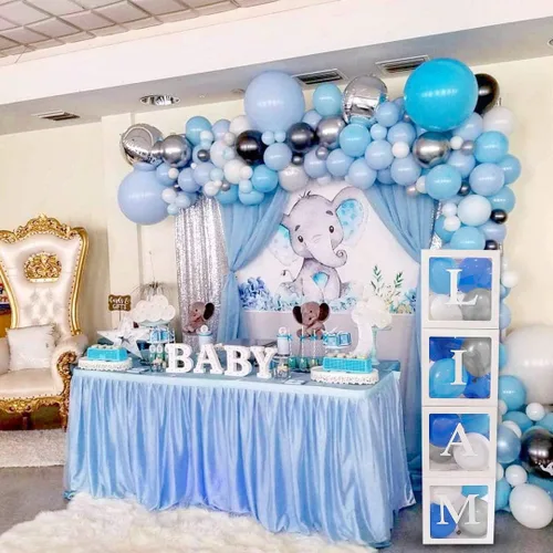 Vista 2 de 82 piezas de decoración de baby shower para niño, juego de caja de globos azul, blanco y gris con letras del alfabeto, decoración de fiesta