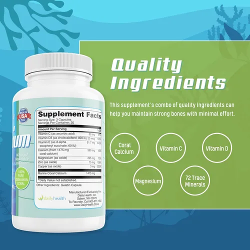 Vista 4 de Daily Health, Coral Calcium Pure Okinawa - Suplemento de grado marino con 72 oligominerales - 1475 mg, 90 cápsulas vegetales (suministro de 1 mes)