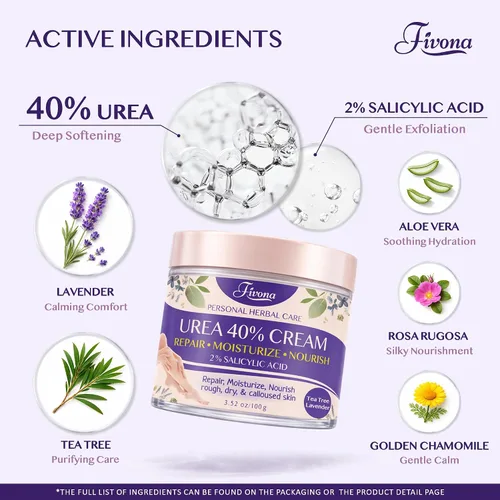 Vista 2 de FIVONA Crema para pies 40% urea para talones secos agrietados, crema suavizante de callos extra fuerte con ácido salicílico al 2%, árbol de té
