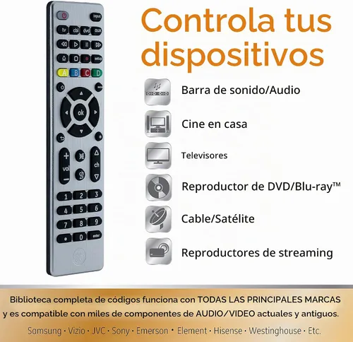 Vista 7 de GE Control remoto universal de botón grande, plateado y control remoto universal para Samsung, Vizio, LG, Sony, Sharp, Roku, Apple TV, TCL