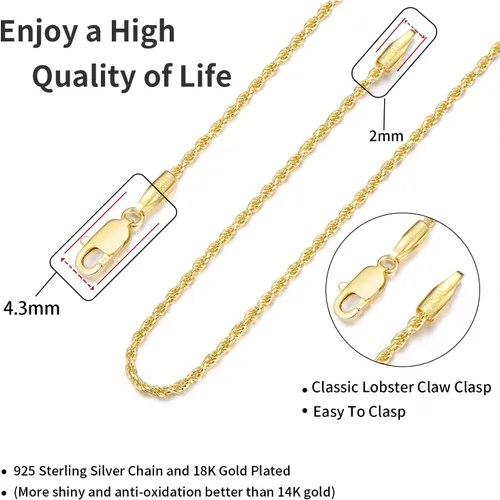 Vista 4 de Jewlpire Collar de cadena de plata de ley 925 maciza de 18 quilates para mujeres y niñas, cadena de cuerda de 0.069 pulgadas, cadena italiana