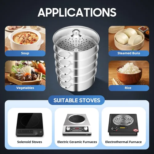 Vista 8 de Vaporizador de acero inoxidable de 5 niveles, vaporizador apilable de 11.0 in con tapa visible transparente, ollas de cocina de gran capacidad