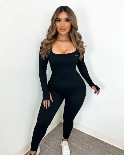 Vista 3 de Picaurshe Enterizo para mujer, de manga larga, cuello cuadrado, acanalado, para entrenamiento, deportivo, bodycon, para yoga, yoga