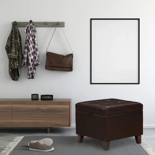 Vista 7 de Adeco Otomana moderna de almacenamiento de piel sintética de 18 pulgadas con patas de madera para sala de estar, banco rectangular con detalles