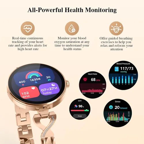 Vista 4 de Relojes inteligentes para mujer, pantalla AMOLED de 1.04", responder/hacer Oro rosa