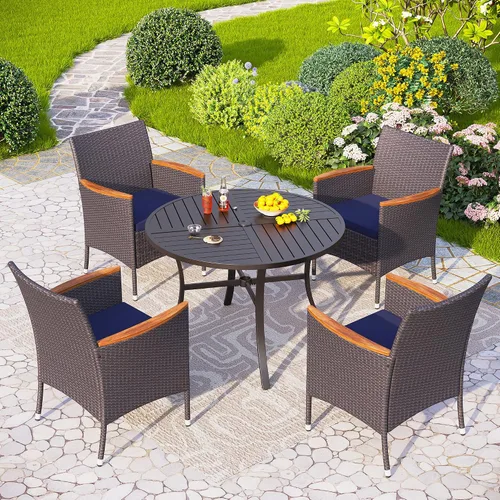 Vista 7 de PHI VILLA Juego de comedor al aire libre de 5 piezas para 4, mesa de comedor cuadrada de metal y sillas de mimbre de ratán con cojines, muebles