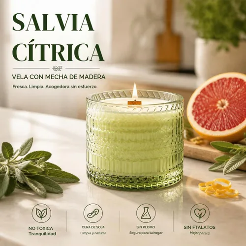 Vista 2 de Velas perfumadas de salvia y cítricos, con mecha de madera crepitante, vela de soja, 7.4 onzas, velas naturales no tóxicas, 55 horas de combustión