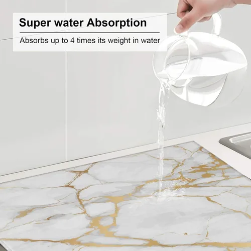 Vista 5 de Tapete de secado de platos de microfibra absorbente de mármol blanco dorado, antideslizante, de secado rápido, resistente al calor, tapete a011