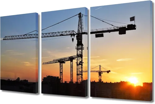 Vista 32 de TUMOVO Arte de pared con diseño de grúa para dormitorio, 3 piezas de grúa pesada al anochecer en un sitio de construcción, póster, pintura, arte