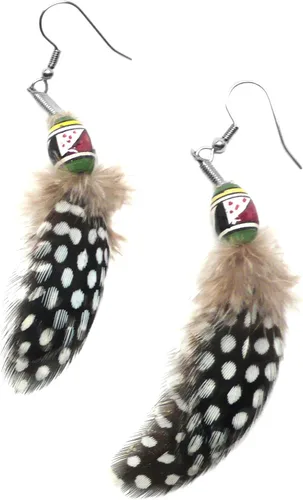 Vista 3 de Natural Feather Ethnic Fusion Earrings Peruvian Ceramic Green Yellow Black