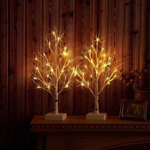 Vista 7 de Fudios Árbol de abedul iluminado con temporizador, funciona con pilas, 18 pulgadas, decoración del hogar, árboles de abedul artificiales