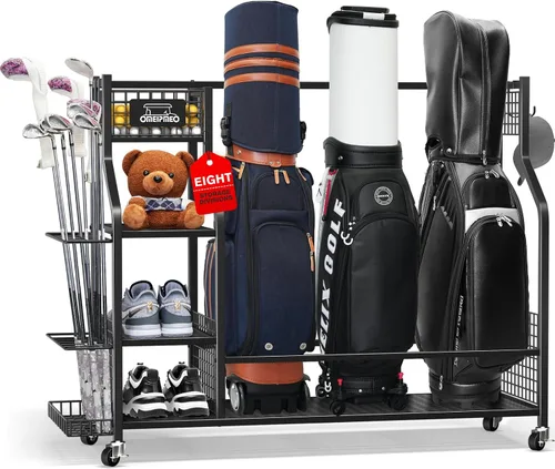 Vista 10 de Organizador de almacenamiento de bolsas de golf, soporte de almacenamiento para bolsas de golf y otros accesorios de equipo de golf, estante