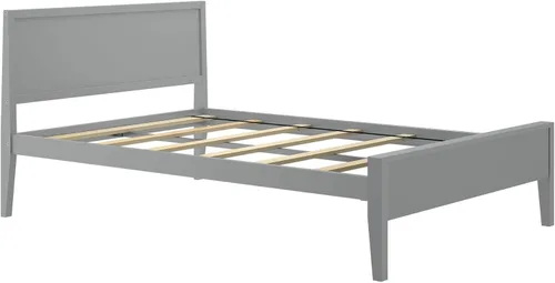 Vista 4 de Plank+Beam Base de cama matrimonial de madera maciza con cabecera de panel, cama de plataforma completa moderna con soporte de listones de madera