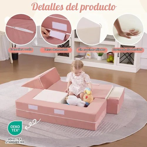 Vista 6 de Bloques de escalada de espuma para niños pequeños Sofá modular para niños con 2 otomanas en interiores, juego plegable suave para gatear