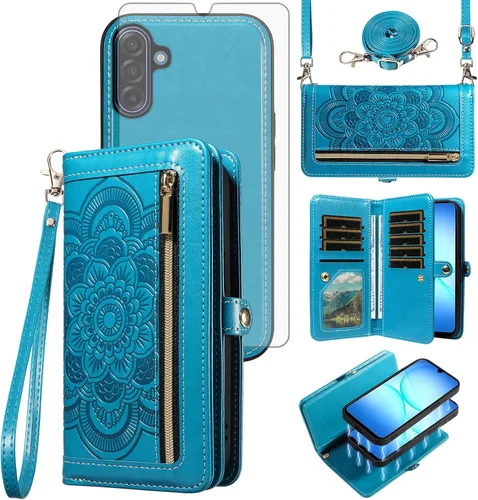 Vista 13 de Asuwish Funda de teléfono para Samsung Galaxy A17 5G con cremallera, funda de celular desmontable con protector de pantalla de vidrio templado Verde