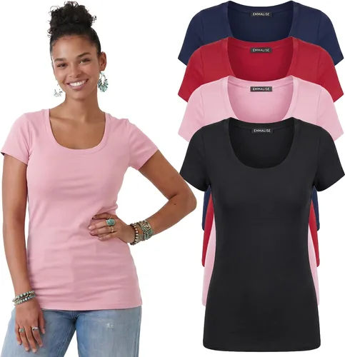 Vista 18 de Emmalise - Camiseta de manga corta para mujer, cuello redondo, estilo básico, pack de valor, tallas junior y grandes