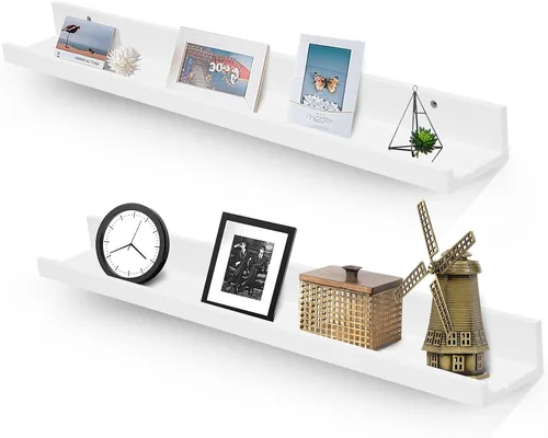 Vista 22 de Muzilife Estantes Flotantes de Pared Pequeños de 12" con Borde - Juego de 2 Estantes Flotantes de Madera - Repisa Negra Montada en Pared