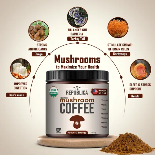 Vista 4 de La Republica - Café orgánico de hongos instantáneos, 100% café arábica con melena de león, reishi y 5 hongos más para concentración, inmunidad
