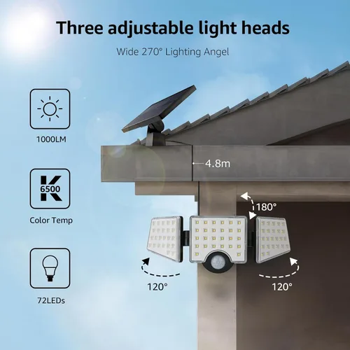 Vista 3 de Lepro Luces solares para exteriores, luces de seguridad activadas por movimiento WL5000, panel solar separado, 3 cabezales ajustables, ángulo