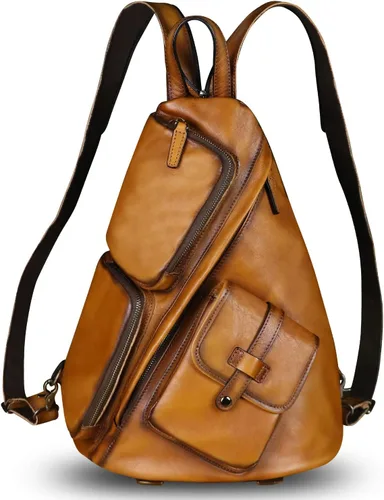 Vista 2 de Bolso bandolera de piel auténtica, casual, para senderismo, vintage, hecho a mano, para el hombro, mochila para motocicleta, Marrón, M, Mochilas