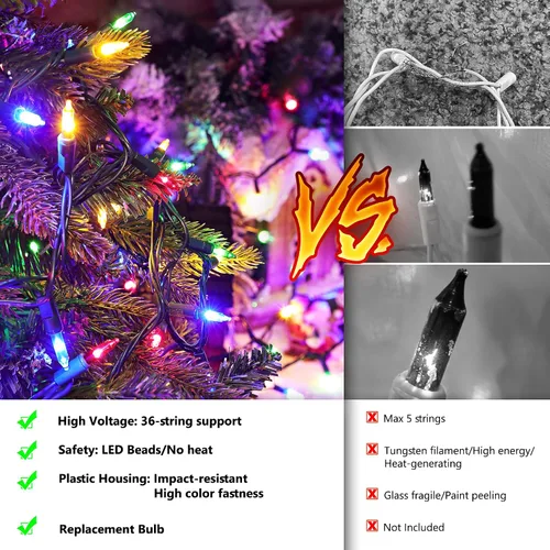 Vista 6 de Joomer - Luces LED de Navidad, 2 paquetes, total 39 pies, 200 LED, luces de árbol de Navidad multicolor, luces de cuerda mini enchufables