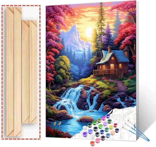 Vista 16 de Tucocoo Pintura de cabaña forestal por números para adultos, kits de pintura al óleo digital sobre lienzo con pinceles y pigmento acrílico, rueda