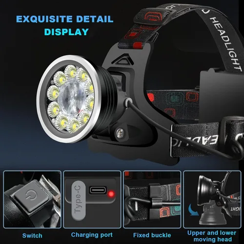 Vista 2 de Linterna de faro delantero, linterna LED recargable brillante, luz frontal impermeable con lámpara trasera para acampar al aire libre, correr