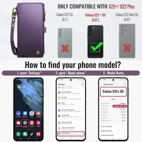 Vista 6 de Defencase Funda compatible con Samsung Galaxy S22 Plus con tarjetero de bloqueo RFID para mujer, de piel sintética, cierre magnético, cierre