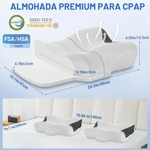 Vista 7 de Almohada CPAP Elviros HSA/FSA para dormir de lado y boca abajo Blanco