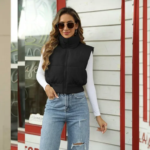 Vista 7 de Ainangua Chaleco acolchado corto para mujer, cuello alto, ligero, sin mangas, acolchado, con cremallera, ropa de abrigo