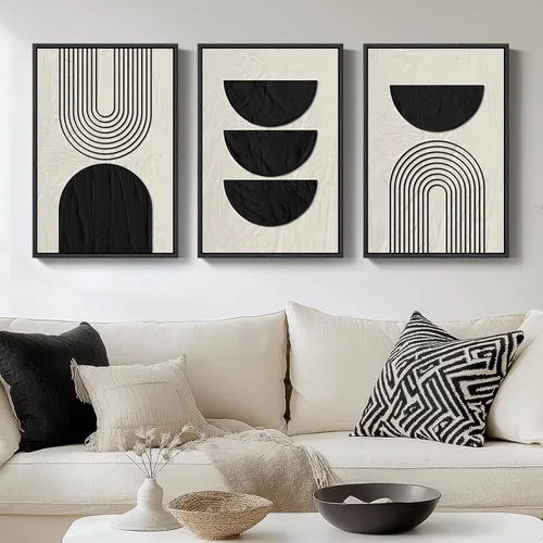 Vista 37 de Arte de pared abstracto moderno enmarcado en blanco y negro, 3 piezas de impresiones en lienzo pinturas obras de arte para paredes, cuadros Negro